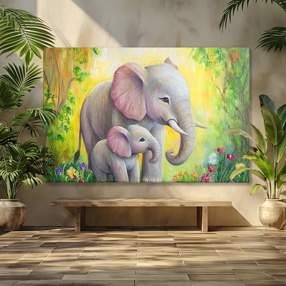 Tablou canvas cu pictura cu doi elefanti intr-o gradina, fara rama, pe sasiu de lemn
